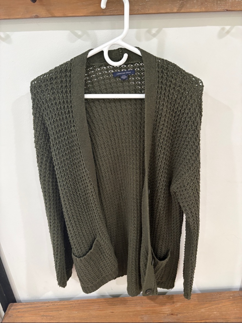 American Eagle Outfitters Olive Open-Knit Pocket Cardigan
